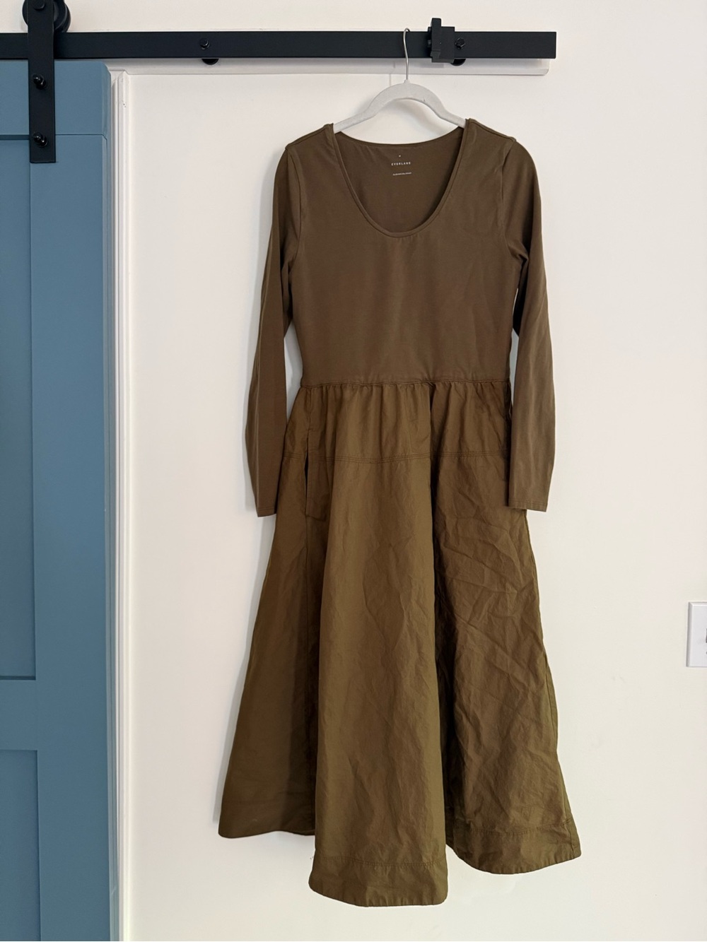 Everlane Olive Long-Sleeve Scoop Neck Midi Dress